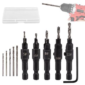 12pcs Countersink Drill Bit Set, 82-Degree Chamfer, ¼" Hex Shank, Allen Wrenches, Woodworking Tapered Drill Bits for #5, 6, 8, 10, 5 Screws,for Plastic Metal Woodworking Tool