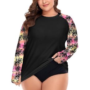 FOREYOND Plus Size Swim Shirt Rash Guard for Women Long Sleeve UPF 50+ Sun Protection Loose Fit Swimwear Swimsuit Top, Green Floral, 2X in Kuwait