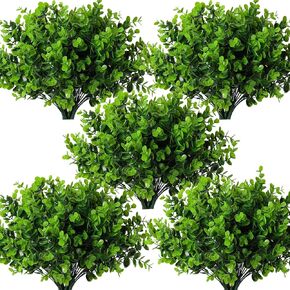 RECUTMS 8 Bundles Artificial Greenery Plants Stems Outdoor Fake Eucalyptus Plants Boxwood Bushes for Farmhouse Bathroom Office Vase Centerpiece Indoor Outdoor Decoration(Dusty Green)