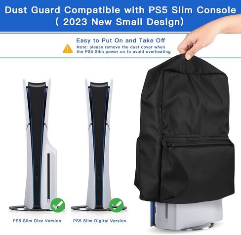 غطاء غبار عمودي متوافق مع وحدة تحكم PS5 Slim، واقي غبار من النايلون مع جيوب تخزين وحدة تحكم PS5 لأقراص Playstation 5 النحيفة والإصدار الرقمي (تصميم أصغر 2023)، أسود in Kuwait