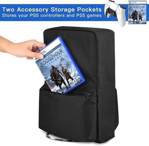 غطاء غبار عمودي متوافق مع وحدة تحكم PS5 Slim، واقي غبار من النايلون مع جيوب تخزين وحدة تحكم PS5 لأقراص Playstation 5 النحيفة والإصدار الرقمي (تصميم أصغر 2023)، أسود in Kuwait