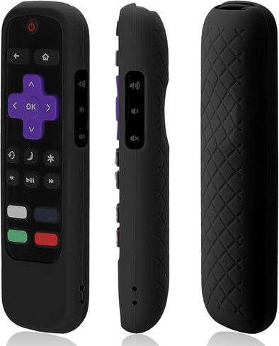 حافظة جهاز تحكم عن بعد AKWOX مكونة من قطعتين لجهاز Roku Express 3930 (2019)/3900، Premiere+ 3921/Premiere 3920، Express+(3910)، Streaming Stick3800/Stick+3810 جهاز تحكم عن بعد، غطاء سيليكون مقاوم للصدمات - أسود in Kuwait