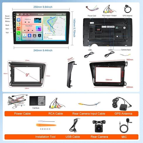 8 Core 2G 64G Android Car Stereo Carplay لهوندا سيفيك 2012 2013 2014 2015، Rimoody 9 بوصة تعمل باللمس راديو السيارة Android Auto Mirror Link GPS 4G-WiFi Bluetooth FM DSP-36 59-UI Themes كاميرا احتياطية in Saudi Arabia