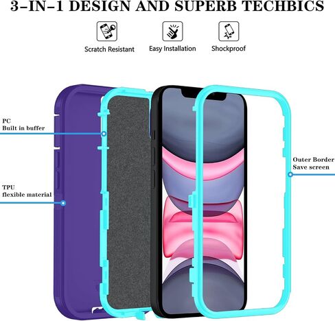 Phone Case for iPhone 11 Case with HD Screen Protector, Heavy Duty Shockproof & Dropproof 3-Layer Cover Phone Case for iPhone 11 (PurpleSkyBlue) in Saudi Arabia