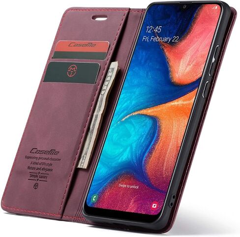 حافظة Galaxy A20، حافظة Galaxy A30، حافظة محفظة جلدية Bpowe بتصميم كلاسيكي مع فتحة للبطاقة وقفل مغناطيسي، حافظة قابلة للطي لهاتف Samsung Galaxy A20/Galaxy A30 (أحمر خمري) in Saudi Arabia