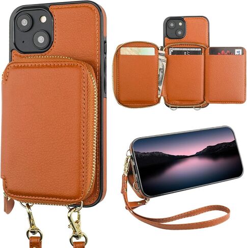 حافظة محفظة Bocasal RFID لهاتف iPhone 14، حافظة محفظة بسحاب قابلة للتعديل مع حامل بطاقات مع حزام معصم قابل للفصل، حافظة قابلة للطي من جلد البولي يوريثان 6.1 بوصة 5G (بني) in Kuwait