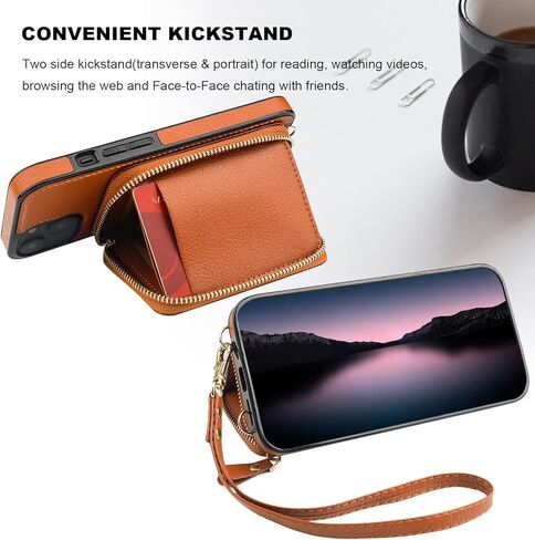 حافظة محفظة Bocasal RFID لهاتف iPhone 14، حافظة محفظة بسحاب قابلة للتعديل مع حامل بطاقات مع حزام معصم قابل للفصل، حافظة قابلة للطي من جلد البولي يوريثان 6.1 بوصة 5G (بني) in Kuwait