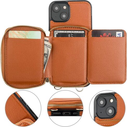 حافظة محفظة Bocasal RFID لهاتف iPhone 14، حافظة محفظة بسحاب قابلة للتعديل مع حامل بطاقات مع حزام معصم قابل للفصل، حافظة قابلة للطي من جلد البولي يوريثان 6.1 بوصة 5G (بني) in Kuwait