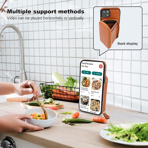 حافظة محفظة Bocasal RFID لهاتف iPhone 14، حافظة محفظة بسحاب قابلة للتعديل مع حامل بطاقات مع حزام معصم قابل للفصل، حافظة قابلة للطي من جلد البولي يوريثان 6.1 بوصة 5G (بني) in Kuwait