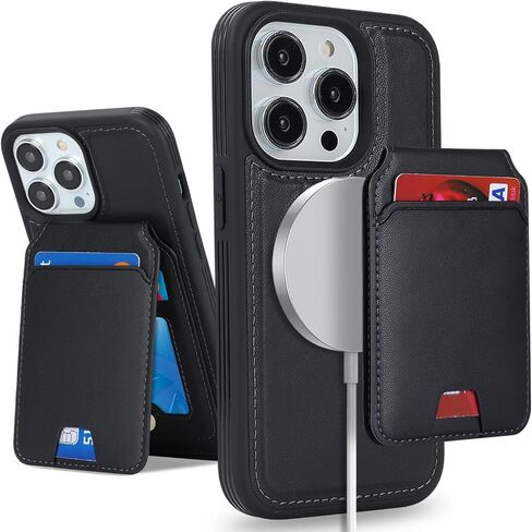 iPhone 14 Pro case with Credit Card Holder mag Safe, iPhone 14 Pro Phone Leather Case Wallet for Women Compatible mag Safe Wallet Detachable 2-in-1 for Men-Black in Kuwait