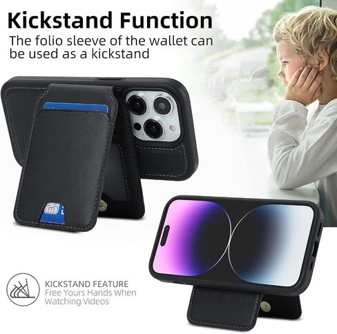 iPhone 14 Pro case with Credit Card Holder mag Safe, iPhone 14 Pro Phone Leather Case Wallet for Women Compatible mag Safe Wallet Detachable 2-in-1 for Men-Black in Kuwait