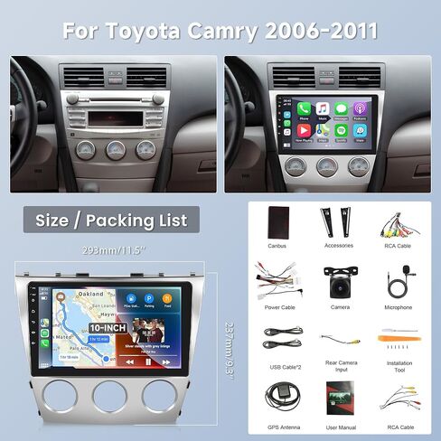 2 + 64G راديو السيارة أندرويد ستيريو سيارة لتويوتا كامري 2006-2011 مع Carplay اللاسلكي Android Auto، وحدة رأس شاشة تعمل باللمس 10.1 بوصة مع وصلة مرآة واي فاي GPS بلوتوث FM RDS EQ كاميرا احتياطية SWC in Saudi Arabia