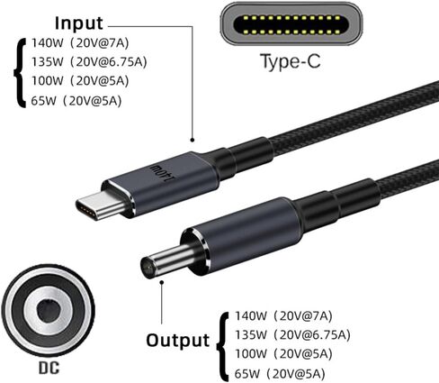 NFHK نوع C USB-C المدخلات إلى 20 فولت تيار مستمر 5.5*2.1 مللي متر انتاج الطاقة 100 واط 135 واط 140 واط 65 واط PD كبل شحن لأجهزة الكمبيوتر المحمول in Saudi Arabia