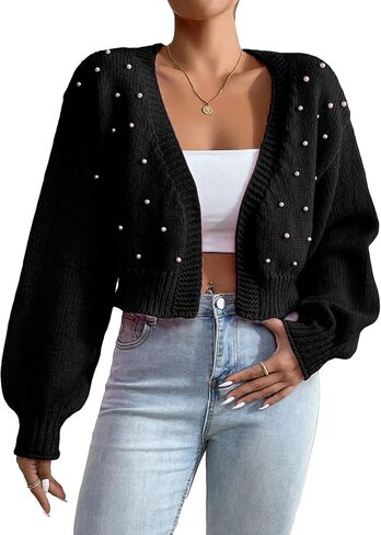 SHENHE Women's Pearl Beaded Open Front V Neck Drop Shoulder Cropped Cardigan Sweater in Kuwait