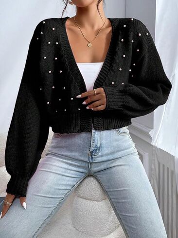 SHENHE Women's Pearl Beaded Open Front V Neck Drop Shoulder Cropped Cardigan Sweater in Kuwait