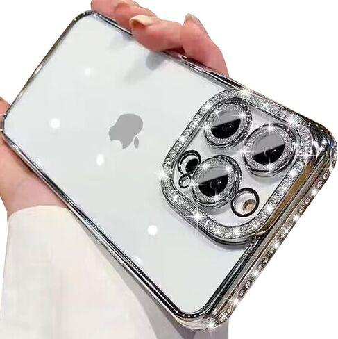 Clear Glitter Case for iPhone 16 Pro,Luxury Bling Sparkly Diamond Rhinestone with Camera Protector Soft TPU Plating Bumper Slim Transparent Women Girls Case for iPhone 16 Pro 6.3 Inch, Silver in Saudi Arabia