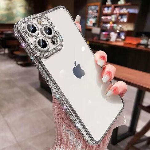 Clear Glitter Case for iPhone 16 Pro,Luxury Bling Sparkly Diamond Rhinestone with Camera Protector Soft TPU Plating Bumper Slim Transparent Women Girls Case for iPhone 16 Pro 6.3 Inch, Silver in Saudi Arabia