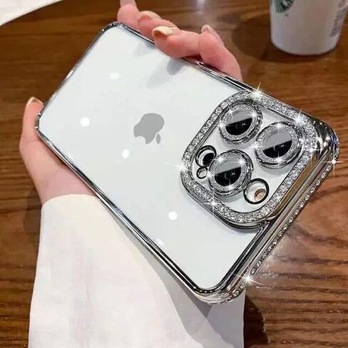 Clear Glitter Case for iPhone 16 Pro,Luxury Bling Sparkly Diamond Rhinestone with Camera Protector Soft TPU Plating Bumper Slim Transparent Women Girls Case for iPhone 16 Pro 6.3 Inch, Silver in Saudi Arabia