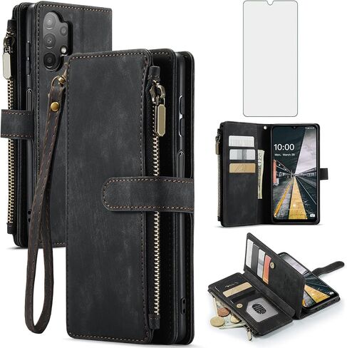 Asuwish Phone Case for Samsung Galaxy A13 4G/5G Wallet Cover and Tempered Glass Screen Protector Leather Flip Credit Card Holder Stand Cell Accessories Gaxaly A04s M13 G5 A 13 LTE 13A 2022 Women Black in Saudi Arabia
