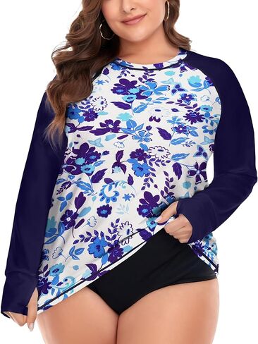 FOREYOND Plus Size Swim Shirt Rash Guard for Women Long Sleeve UPF 50+ Sun Protection Loose Fit Swimwear Swimsuit Top, Green Floral, 2X in Saudi Arabia