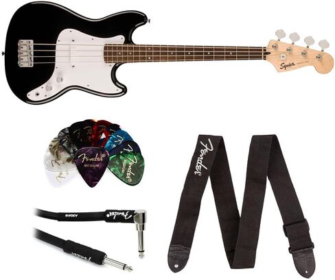 Squier Squier Sonic Bronco Bass، القطب الشمالي الأبيض، حزمة لوحة أصابع القيقب مع حزام جيتار بشعار Fender أسود، Fender 12-Pack Celluloid Picks، وكابل أداة مستقيمة/زاوية in Saudi Arabia