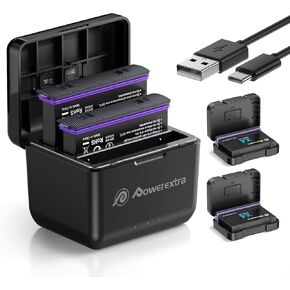 Powerextra 2-Pack Battery for Insta360 X4 Action Camera, 2500mAh 360 X4 Replacement Batteries and 3-Slot Quick Charger Kit(with 2 Misro SD Card Cases)