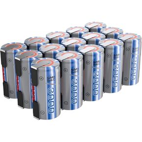 Tenergy NiMH SubC 1.2V 3000mAh Rechargeable Batteries, with Tabs, 15 Pack