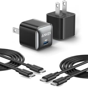 Anker Nano Charger, 2-Pack 20W Compact Fast Charger with PowerIQ Technology, for iPhone 16/16 Plus/16 Pro/16 Pro Max, Galaxy, Pixel 4/3, iPad, and More (2 USB-C Cables Included)