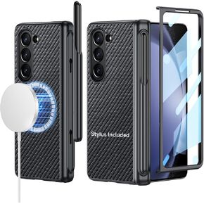 for Samsung Galaxy Z-Fold-5 Case: Support All Magsafe Accessories | Fold 5 New Slim S Pen (2023) Holder & Generic Stylus | Hinge Protection, Leather Back, Screen Protector - Carbon Fiber