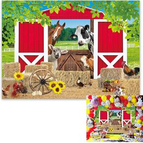 BINQOO 7x5ft Barn Farm Backdrop Red Barn Yard Party Farm Animals Background Green Grass Haystack Little Farmer Background Kid Birthday Baby Shower Party Decoration Banner