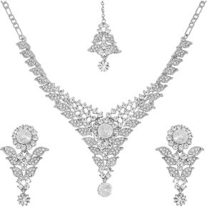 Touchstone NEW Indian Bollywood Fashion Handcrafted Appealing Workmanship Sparkling Rhinestone Grand Wedding Designer Jewelry Hasli Necklace Mangtika Set In Silver Tone For Women.