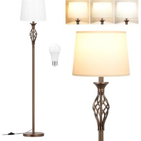 Ambimall Floor Lamps for Living Room - 3 Color Temperature Standing Lamp, Farmhouse Black Floor Lamp with White Shade, Vintage Modern Tall Light for Bedroom Office Corner(9W Bulb Included)