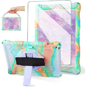 ACEMO for iPad 9th Generation Case 10.2 inch for Kids Girls with Screen Protector, 360° Rotating Kickstand, Hand Strap, Pencil Holder Silicone Rugged Cover for iPad 8th 7th Gen, Rainbow Purple