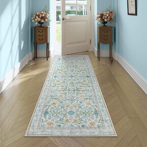 Lahome Blue 5x7 Area Rugs for Living Room, Boho Floral Washable Girls Bedroom Rug, Soft Retro Non-Slip Nursery Rugs for Kids Room Playroom Apartment, Baby Blue