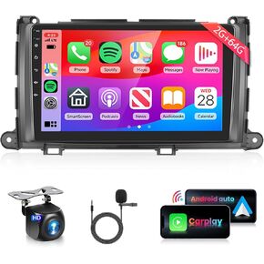 9'' Car Radio for Toyota Sienna 2011 2012 2013 Stereo with Apple Car Play Android Auto,1080P HD IPS Touch Screen Bluetooth GPS WiFi 16EQ HiFi Audio FM/RDS DVR Backup Camera【2G RAM+64G ROM】