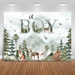 Mocsicka Woodland Baby Shower Backdrop Oh Boy Baby Shower Background Woodland Boy Baby Shower Decorations Banner Photo Studio Props (7x5ft)