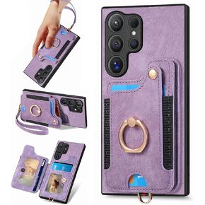 for Samsung Galaxy S24 Ultra Case with Card Holder for Woman Man,PU Leather Flip Folio Wallet Case,RFID Blocking Ring Holder Kickstand Wrist Strap Magnetic Protective Cover for Galaxy S24 Ultra Purple
