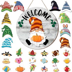 29 Pcs Interchangeable Gnome Welcome Sign for Front Door Seasonal Wooden Home Decor with Magnet Wall Decoration Detachable Hat for Spring 4th of July Bee Festival(Wood Texture Color)