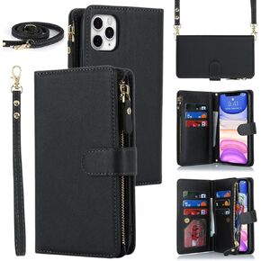 iCoverCase for iPhone 11 Pro Max Wallet Case with Card Holder, Crossbody Case with Wrist Strap, PU Leather Kickstand Zipper Card Slots [Not Detachable] Flip Cover Case 6.5 Inch (Black)