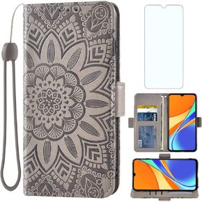 Asuwish Phone Case for Xiaomi Redmi 9C with Tempered Glass Screen Protector and Flower Leather Wallet Flip Cover Credit Card Holder Stand Cell Accessories Redmi9C NFC Redme C9 Boys Women Men Rose Gold