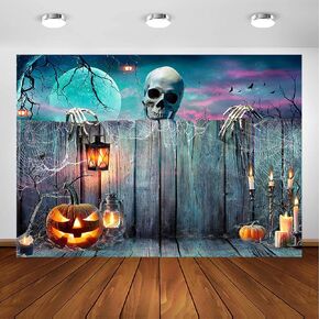 Avezano Halloween Backdrop Skeleton Pumpkin Lantern Wooden Spooky Night Party Photography Background Ghost Halloween Party Decorations Photoshoot Photo Backdrop (10x7ft)