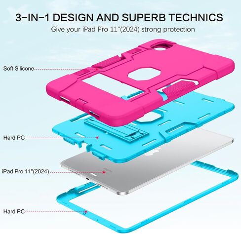 BENTOBEN for iPad Pro 11 Inch Case 2024 5th Generation (M4), with Kickstand and Pencil Holder, 3 in 1 Heavy Duty Rugged Shockproof Sturdy Kickstand Protective Tablet Cover Case, Hot Pink/Blue in Saudi Arabia