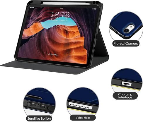 حافظة لجهاز iPad الجيل العاشر 10.9 بوصة 2022، تصميم رائع من جلد البولي يوريثان، غطاء من البولي يوريثان الحراري، حامل متعدد الزوايا، حافظة ذكية للإيقاظ/النوم التلقائي in Kuwait
