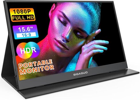 شاشة BIGASUO المحمولة، شاشة كمبيوتر محمول 15.6 بوصة 1080 بكسل FHD USB-C HDMI IPS شاشة كمبيوتر محمول HDR، شاشة ألعاب نحيفة للغاية مع غطاء ذكي ومكبرات صوت، لأجهزة الكمبيوتر المحمول، والكمبيوتر الشخصي، والهاتف، وMac، وXbox، وPS4/5، والتبديل in Kuwait