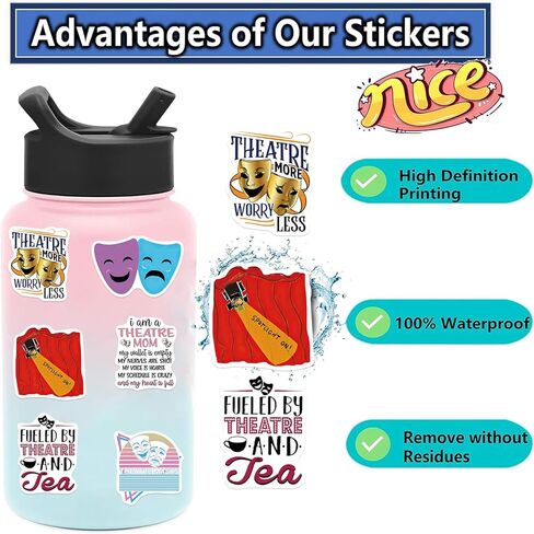 50pcs Theater Musical Stickers Pack, Classic Musical Stickers, Aesthetic Vinyl Waterproof Arts Stickers for Laptop, Water Bottle, Bumper Car Planner Stickers for Adult Teens. in Saudi Arabia