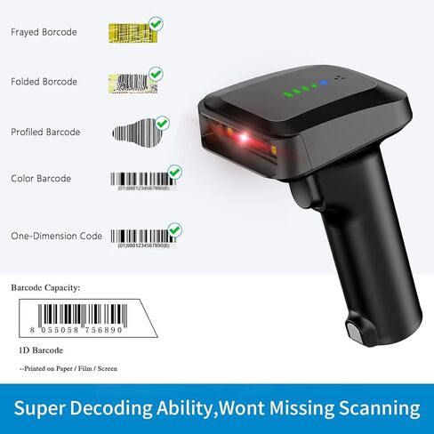 Alacrity Wireless Bluetooth Barcode Scanner 1D Laser Cordless Barcode Scanner، وضع واحد إلى واحد متعدد الاستخدامات أو وضع أكثر إلى واحد، ماسح ضوئي للرمز الشريطي مع مؤشر مستوى البطارية in Kuwait