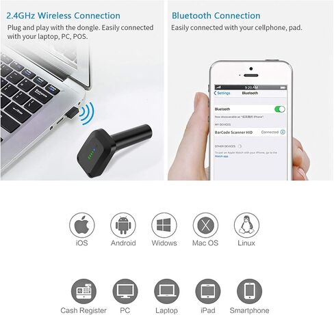 Alacrity Wireless Bluetooth Barcode Scanner 1D Laser Cordless Barcode Scanner، وضع واحد إلى واحد متعدد الاستخدامات أو وضع أكثر إلى واحد، ماسح ضوئي للرمز الشريطي مع مؤشر مستوى البطارية in Kuwait