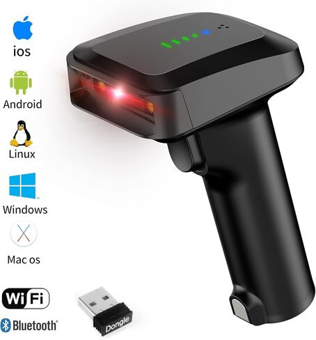 Alacrity Wireless Bluetooth Barcode Scanner 1D Laser Cordless Barcode Scanner، وضع واحد إلى واحد متعدد الاستخدامات أو وضع أكثر إلى واحد، ماسح ضوئي للرمز الشريطي مع مؤشر مستوى البطارية in Kuwait