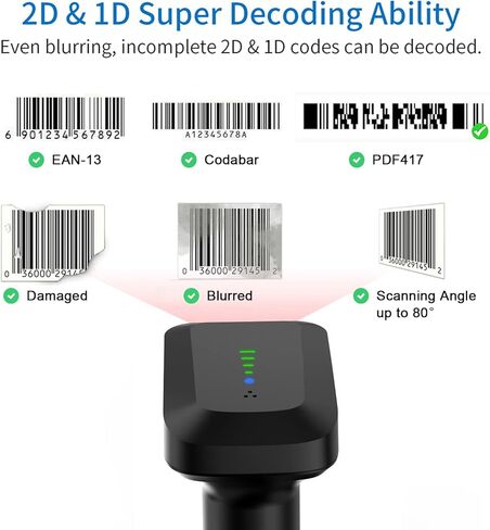 Alacrity Wireless Bluetooth Barcode Scanner 1D Laser Cordless Barcode Scanner، وضع واحد إلى واحد متعدد الاستخدامات أو وضع أكثر إلى واحد، ماسح ضوئي للرمز الشريطي مع مؤشر مستوى البطارية in Kuwait
