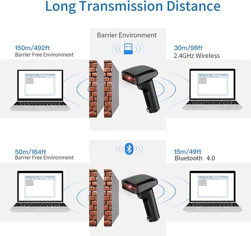 Alacrity Wireless Bluetooth Barcode Scanner 1D Laser Cordless Barcode Scanner، وضع واحد إلى واحد متعدد الاستخدامات أو وضع أكثر إلى واحد، ماسح ضوئي للرمز الشريطي مع مؤشر مستوى البطارية in Kuwait